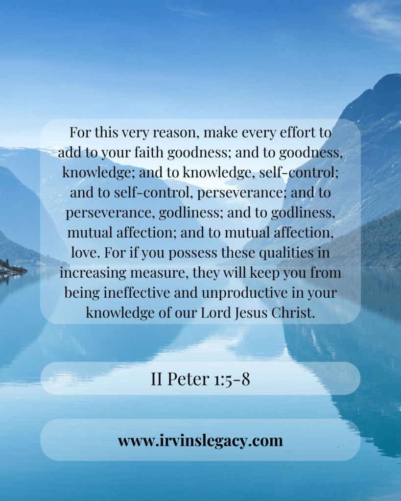 II Peter 1:5-8
5 For this very reason, make every effort to add to your faith goodness; and to goodness, knowledge; 6 and to knowledge, self-control; and to self-control, perseverance; and to perseverance, godliness; 7 and to godliness, mutual affection; and to mutual affection, love. 8 For if you possess these qualities in increasing measure, they will keep you from being ineffective and unproductive in your knowledge of our Lord Jesus Christ.