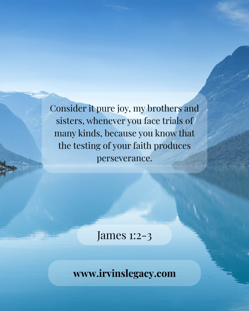 A serene mountain landscape with calm water reflecting the sky, featuring a text overlay of James 1:2-3 encouraging perseverance through trials.