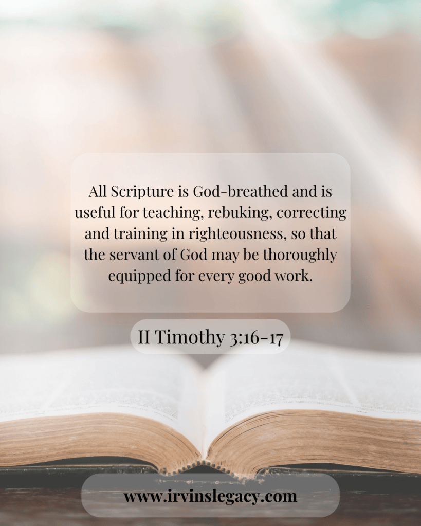 An open book with the text from II Timothy 3:16-17 overlayed, emphasizing the importance of Scripture for teaching and righteousness.