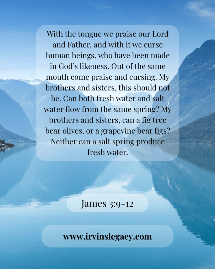 A serene landscape featuring mountains and a reflective body of water, overlaid with text from James 3:9-12 discussing the dual nature of speech and the source of fresh and salt water.
