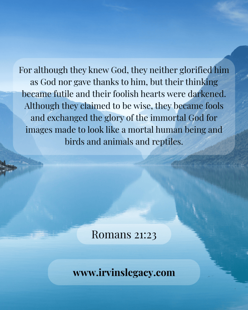 A scenic landscape featuring a calm lake surrounded by mountains and a blue sky, with a biblical quote overlayed on top.