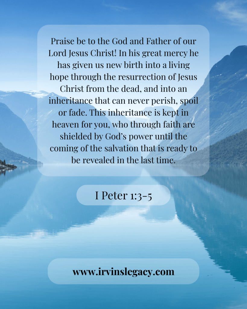 A serene landscape featuring a mountain reflection in calm water, overlayed with a biblical quote from I Peter 1:3-5 and a website URL.