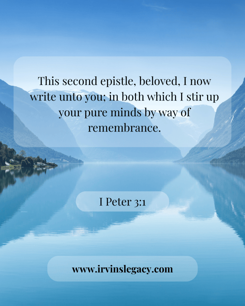 A serene landscape featuring a calm lake surrounded by mountains, with a text overlay referencing a biblical epistle and a website URL.