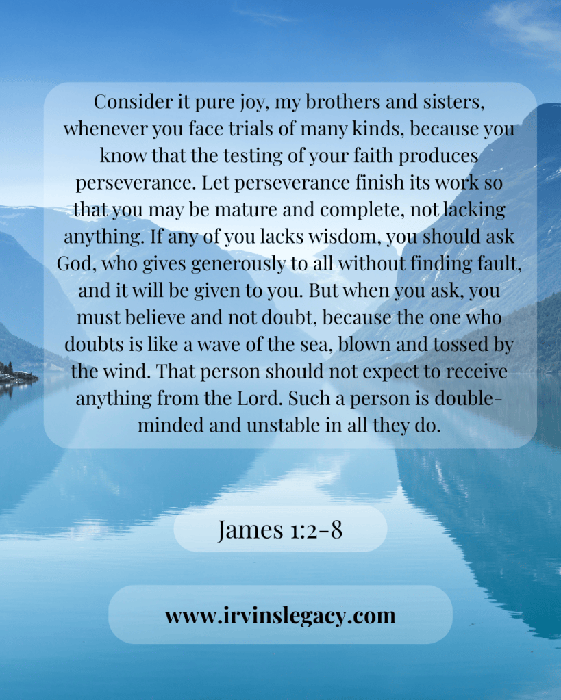 A scenic view of a serene lake surrounded by mountains, with text overlay of a biblical passage from James 1:2-8 about perseverance and asking for wisdom.