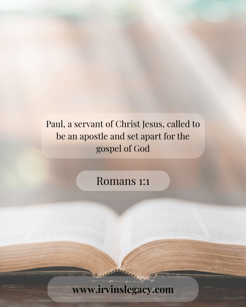 An open Bible with text highlighting Romans 1:1, featuring a soft blurred background.